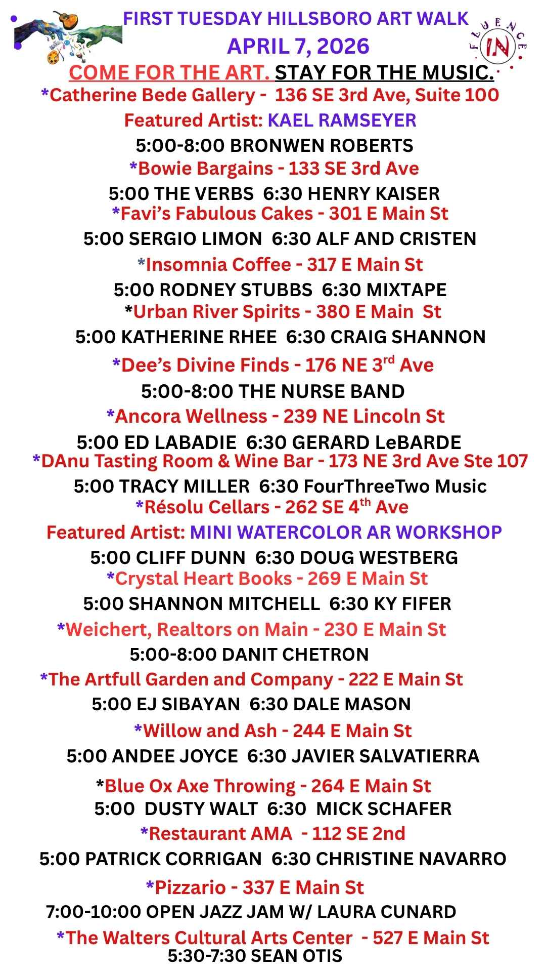 April 7 2026 Art Walk Music Schedule